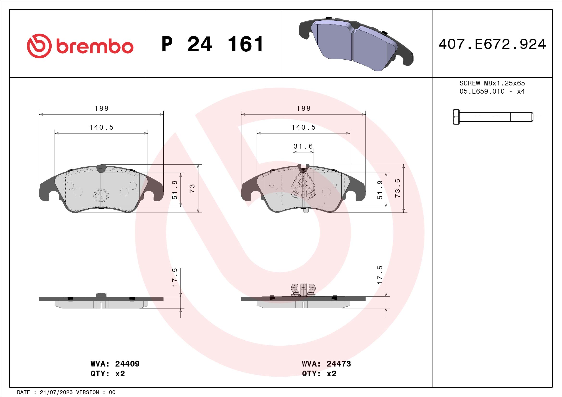 A.B.S. P 24 161 BREMBO Bremsbelagsatz, Scheibenbremse